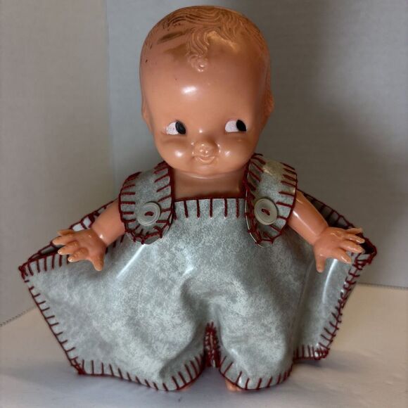 1930a CELLULOID KEWPIE TYPE DOLL SHOT GLASS  HOLDER GRAY OVERALLS SIDEWARD EYES - Picture 2 of 12